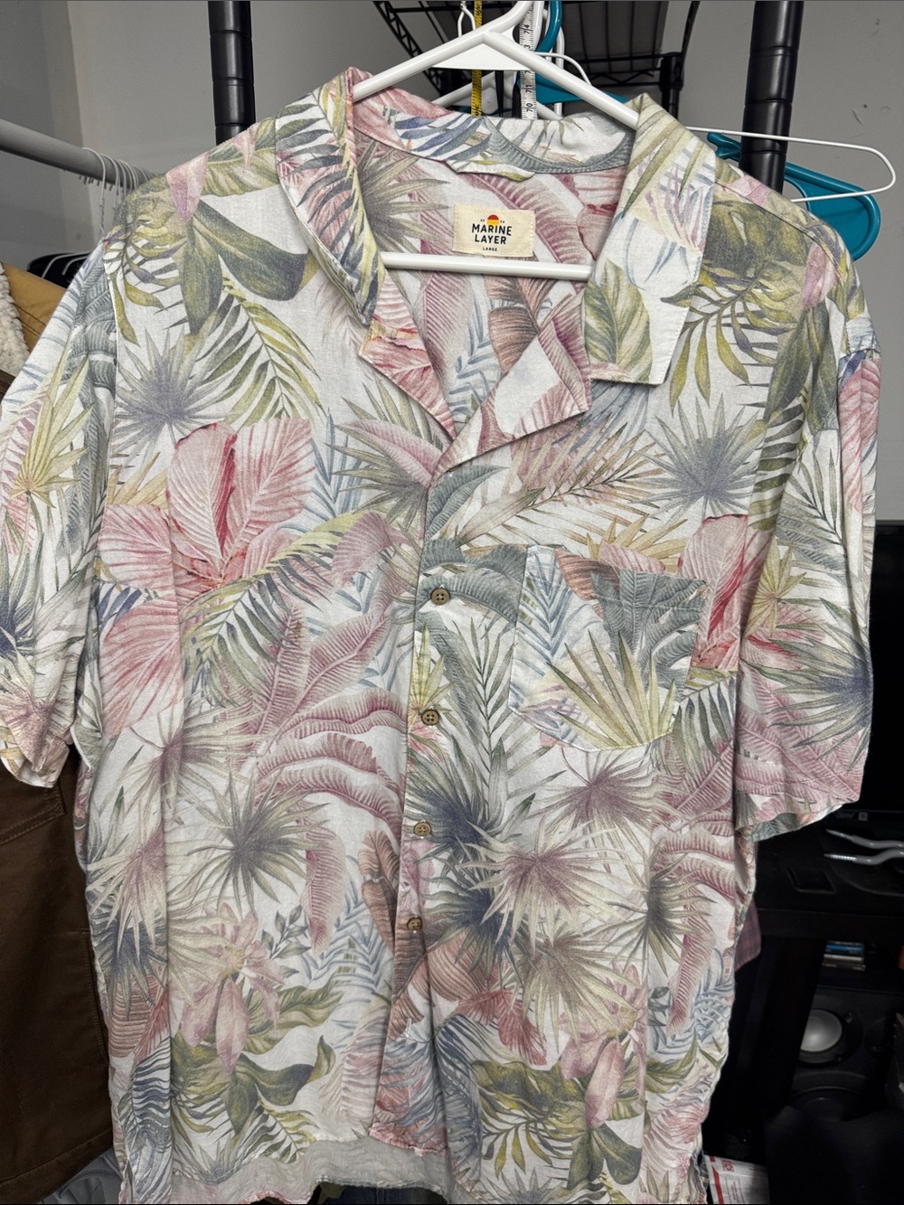 Marine Layer Tropical Leaf Print Short Sleeve Button-Up Shirt